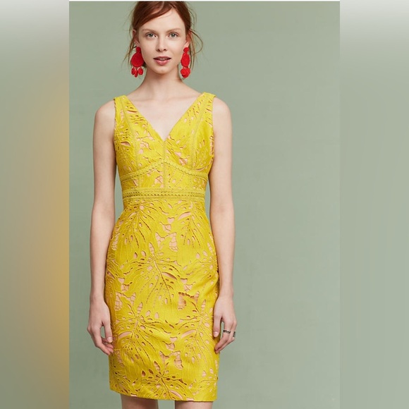 Anthropologie Maeve Yellow Gardenia Crochet Sleeveless V-Neck Lace Column Dress - Picture 1 of 5